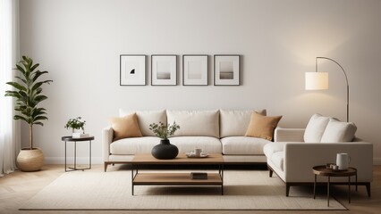Obraz premium A minimalist living room with a beige sofa, blue and gray pillows, a cozy armchair, coffee table, potted plant, elegant floor lamp, and neutral accents.