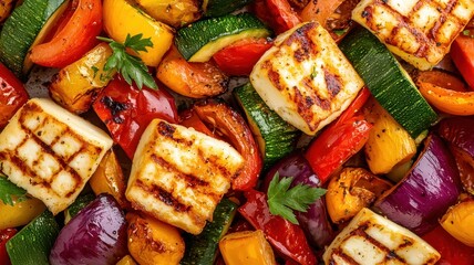 Grilled vegetables and halloumi on a plate, vibrant colors, healthy meal option.