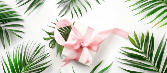 A lovely arrangement with a pink ribbon gift box and palm leaves on a white backdrop seen from above There is room for text in the image. Copy space image. Place for adding text and design