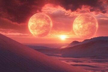 An ethereal scene capturing desert twilight beneath fiery twin suns, casting vibrant hues across the landscape, evoking mystery and wonder.
