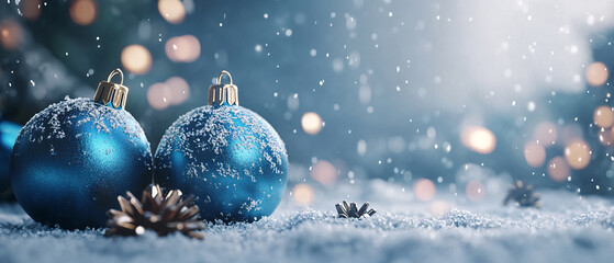 Blue Christmas Ornaments in Snow with Bokeh Lights Background