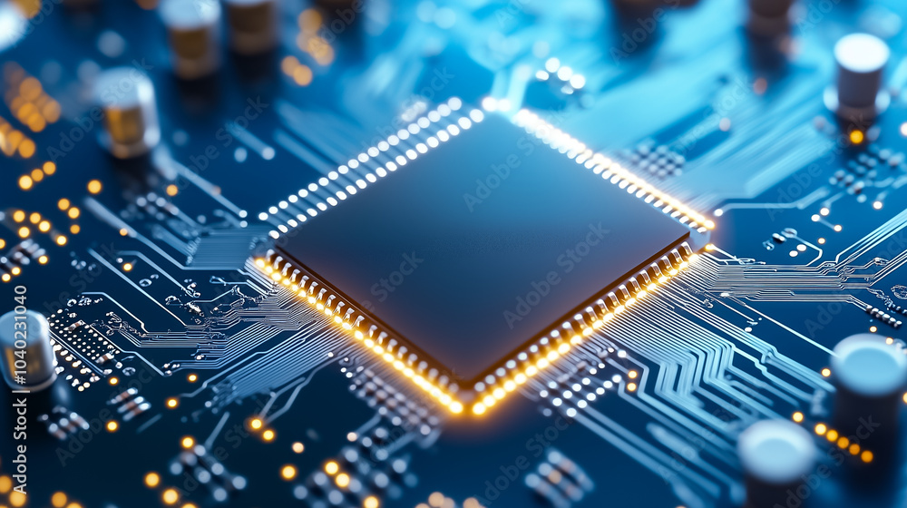 Poster this detailed macro shot reveals the complex circuitry of a microchip, highlighting its advanced eng