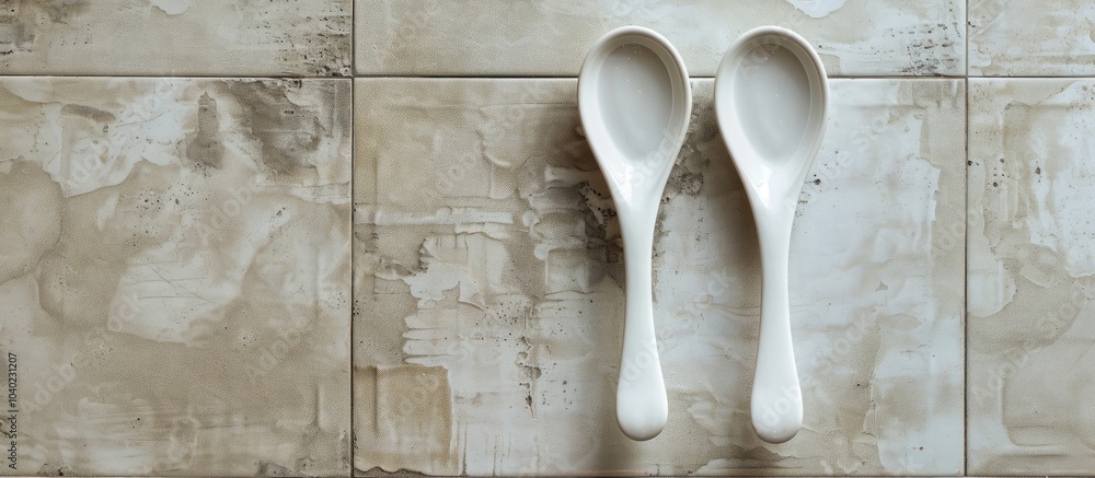 Poster top view of two ceramic spoons on a tile background with copy space image