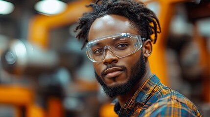 Thoughtful man wearing safety glasses in a workshop setting