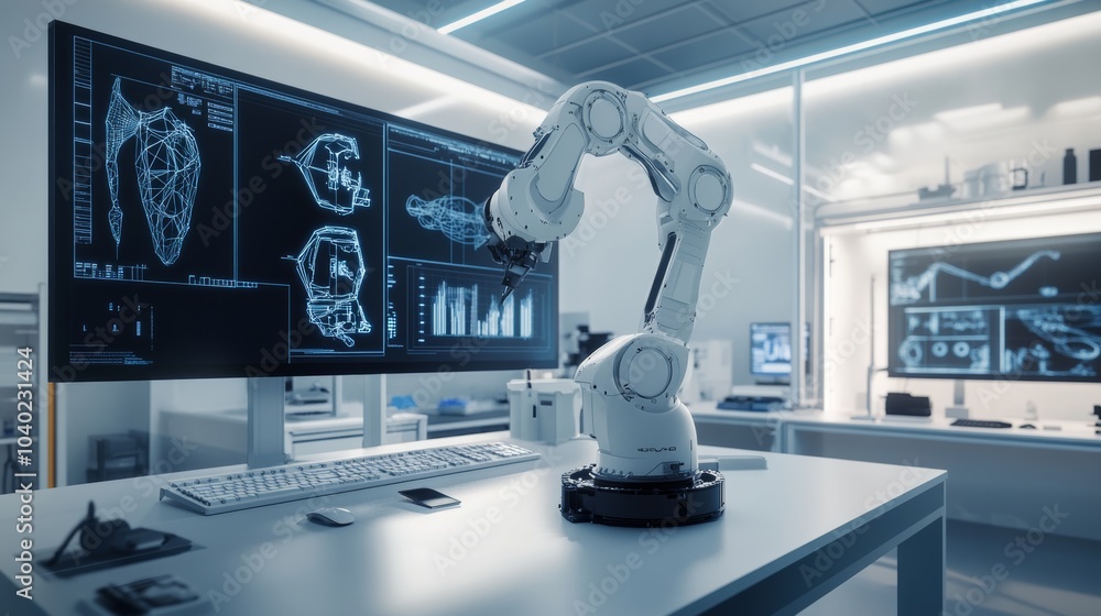 Aufkleber A robot performing complex 3D modeling in a cutting-edge design studio with advanced CAD systems and large displays, clean and creative environment, Design-tech style