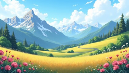  Enchanting mountain valley with winding road and vibrant flowers