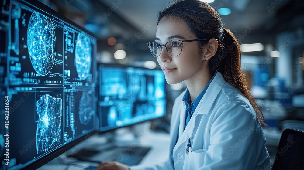 Poster female scientist analyzing data on multiple computer screens in a lab