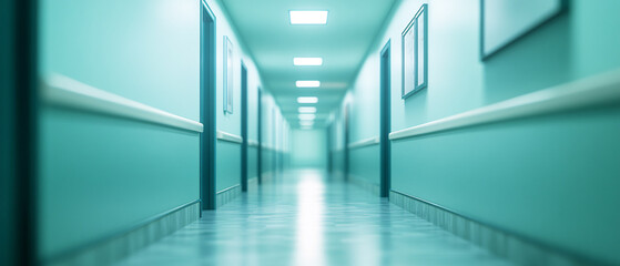 Obraz premium Empty Hospital Corridor With Doors And Lights
