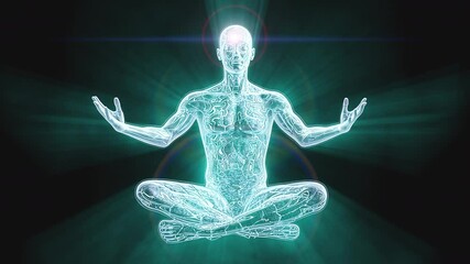 A glowing, spiritual figure sits in meditation with energy pathways illuminating its body and a radiant third eye, symbolizing spiritual awakening and higher consciousness.