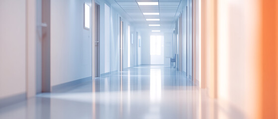 Empty Hospital Corridor With White Walls And Bright Light