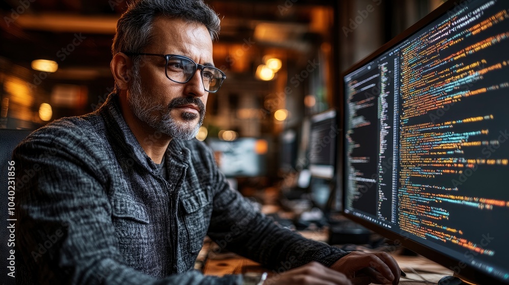Aufkleber focused man coding at computer in modern workspace
