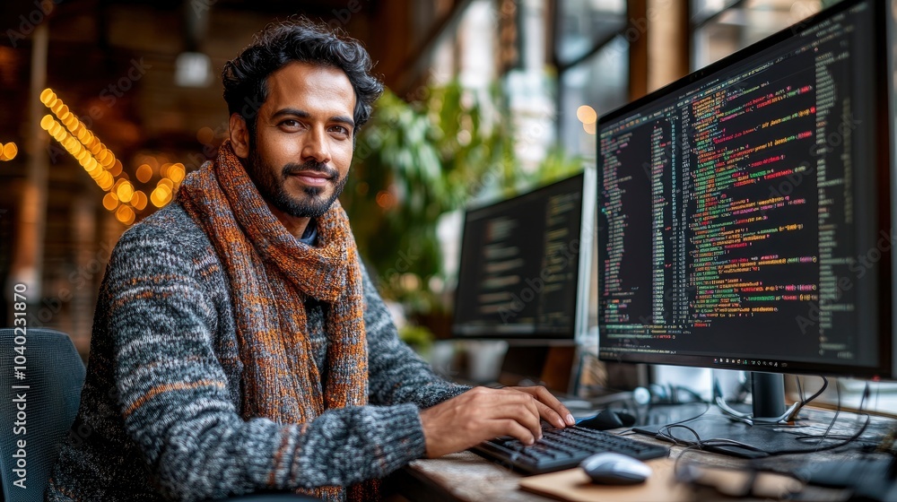 Aufkleber young man programming on computer in cozy workspace with warm lighting