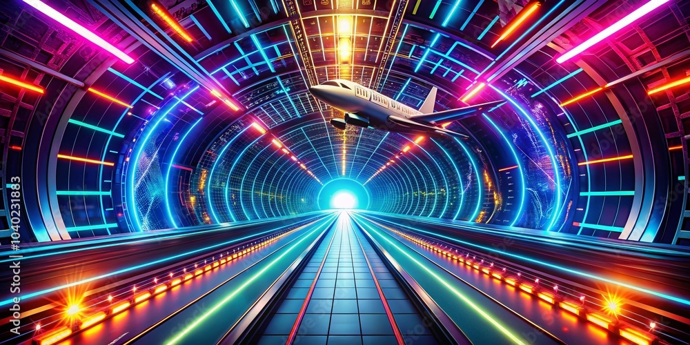 Poster sci-fi flight through high-tech tunnel with glowing patterns and abstract background for vj loop ani