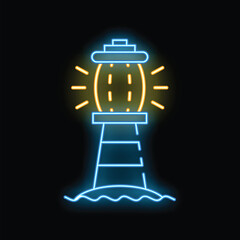 Neon lighthouse shining its beam out over a dark ocean, guiding ships to safety