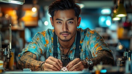 Skilled craftsman meticulously working in a watchmaking workshop