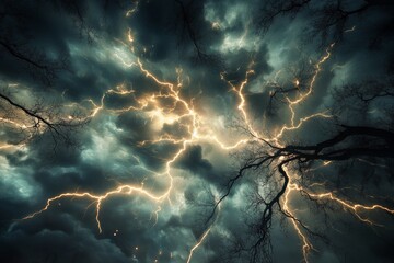 Branches stretch upward into the ominous sky filled with streaks of lightning, invoking the raw and awe-inspiring power of nature's electrified fury.