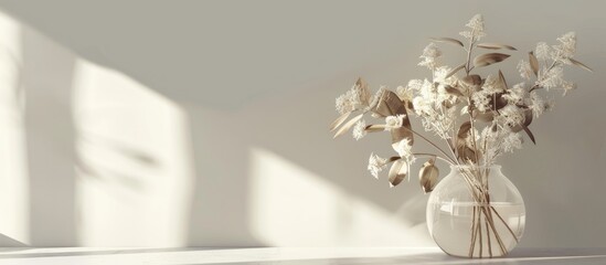 A delicate floral arrangement featuring white dried flowers and green leaves in a glass vase on a white table against a gray wall providing ample copy space for text creating a feminine aesthetic