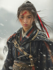 Obraz premium A close-up of a fierce woman in detailed armor with flowing hair, capturing strength and elegance in a cinematic style.