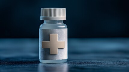 Close-up of a medication vial with a medical symbol on the label