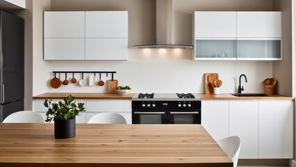 Fototapeta premium Sleek modern kitchen with white cabinets, wooden countertops, and a stainless steel range hood. Bright light through the window enhances the minimalist design.