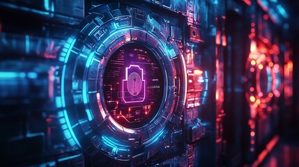 Obraz premium A digital vault unlocking with a fingerprint scan, holographic biometric interface with animated lock icons, neon blue and purple glow, futuristic dark room, high-tech aesthetics,