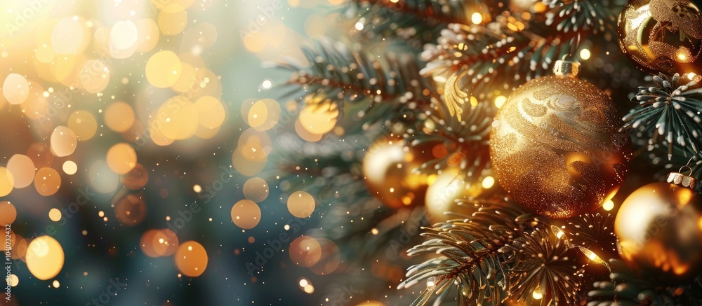 Poster fir branches adorned with christmas balls and golden lights in a blurred background with copy space 