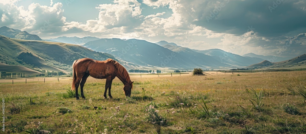 Poster equine grazing peacefully on a rural farm with mountains in the background creating a serene scene w
