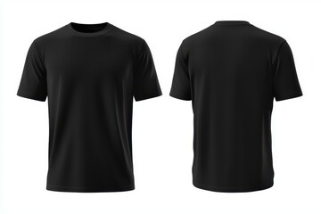 Black t-shirt mockup, front and back views, white isolated background