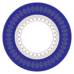 Round frame arabesque. Beautiful blue and gold plate. Vintage, ethnic vector frame with arabesques, EPS. Pattern frame for round surfac,  sandblasting, ceramics, household utensil, embroidery