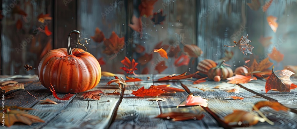 Poster a fall themed table setting featuring leaves and a pumpkin on a rustic wooden table with space for t