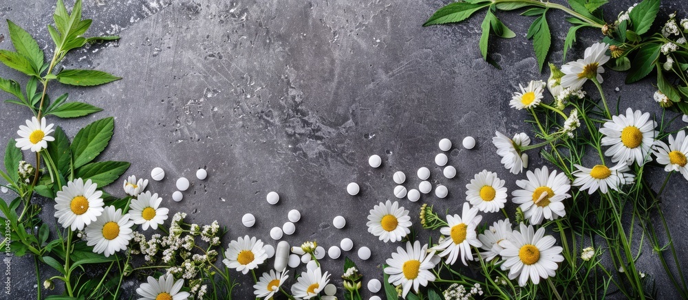 Poster chamomile flowers pills and green leaves elegantly arranged on a grey table in a flat lay compositio