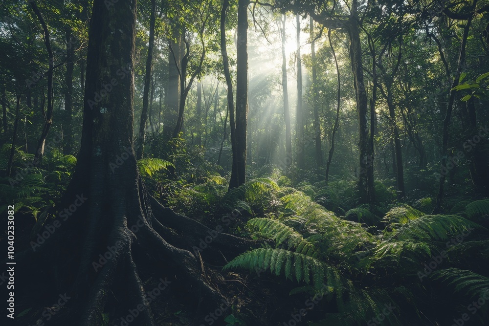 Poster a serene forest scene where sunlight streams through tall trees, lighting up a lush carpet of ferns 