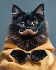November cat with mustache prop concept. A fluffy black cat dons a quirky mustache and a golden cloak presenting a charming and whimsical appearance