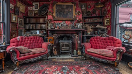Richly decorated vintage living room with antique furniture, red upholstery, ornate bookshelves, and a cozy fireplace in a historically styled setting