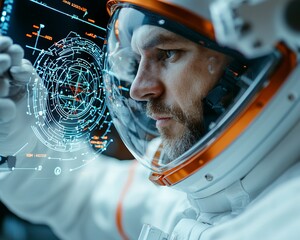 Astronauts using AI to assist with navigation and mission planning in space, stock photo style