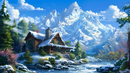 Fototapeta premium A serene winter landscape featuring a cozy cabin near a river and majestic snowy mountains.