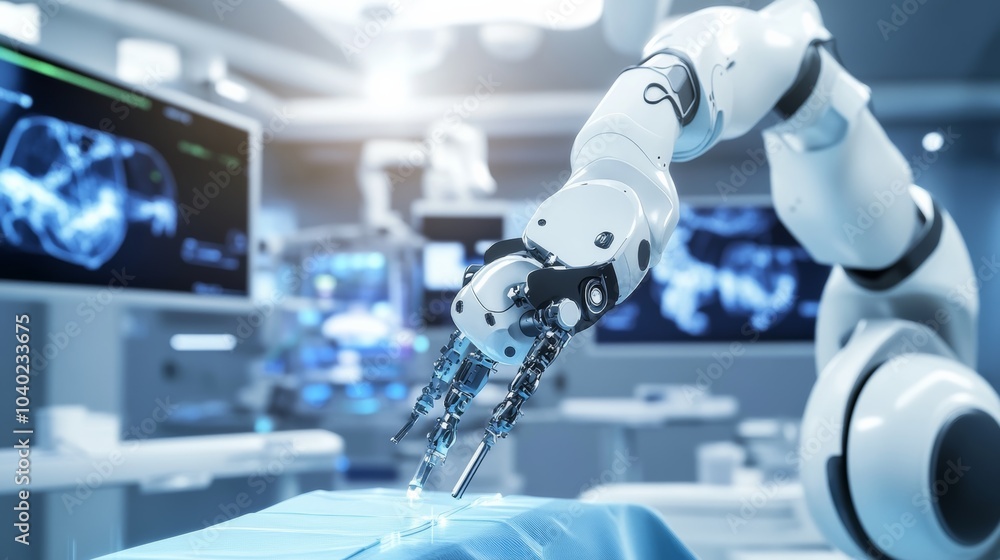 Poster A robot performing complex surgery in a futuristic operating theater with holographic displays, clean and advanced environment, Surgical-tech style