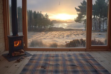 The cozy cabin offers a breathtaking view of the sunset over a serene landscape with tall trees and a warm fireplace enhancing the peaceful setting