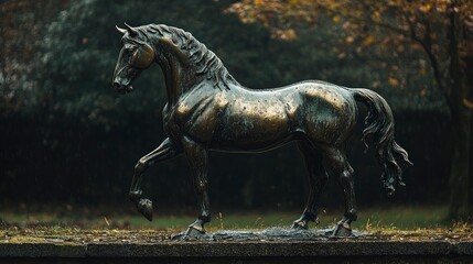 Fototapeta premium Majestic bronze horse statue in a serene outdoor setting