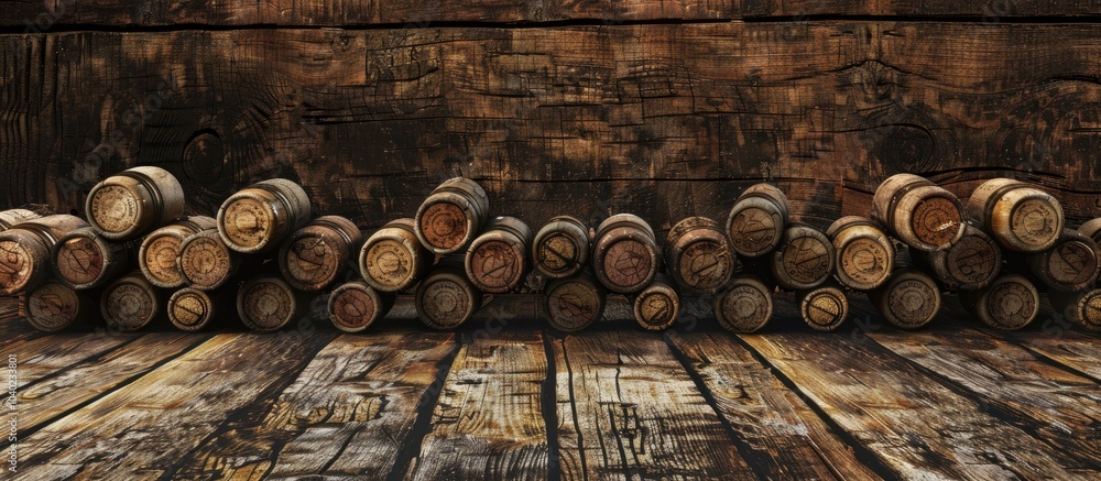 Poster wooden background adorned with wine corks creating a rustic display suitable for a copy space image