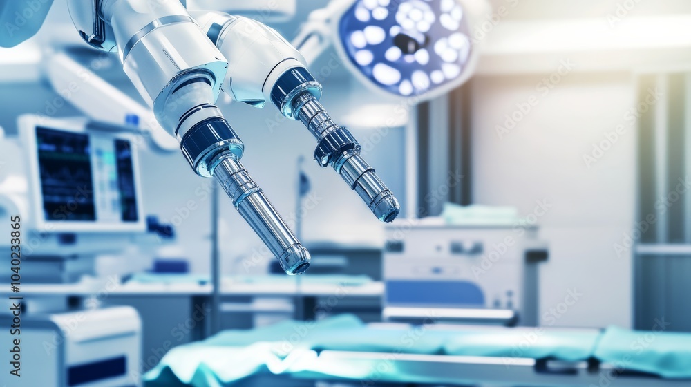 Poster A robot performing complex surgical procedures in a futuristic operating room with sleek, advanced medical equipment and a sterile environment, Surgical tech style