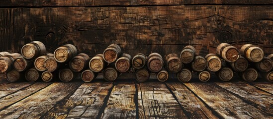 Wooden background adorned with wine corks creating a rustic display suitable for a copy space image