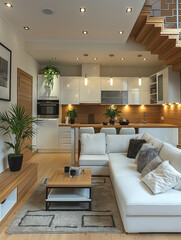Stylish duplex apartment with an open-plan kitchen, wooden staircase, and cozy living room with modern lighting.