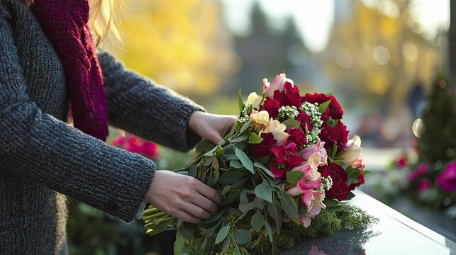 A woman placing flowers at a memorial on a national observance day