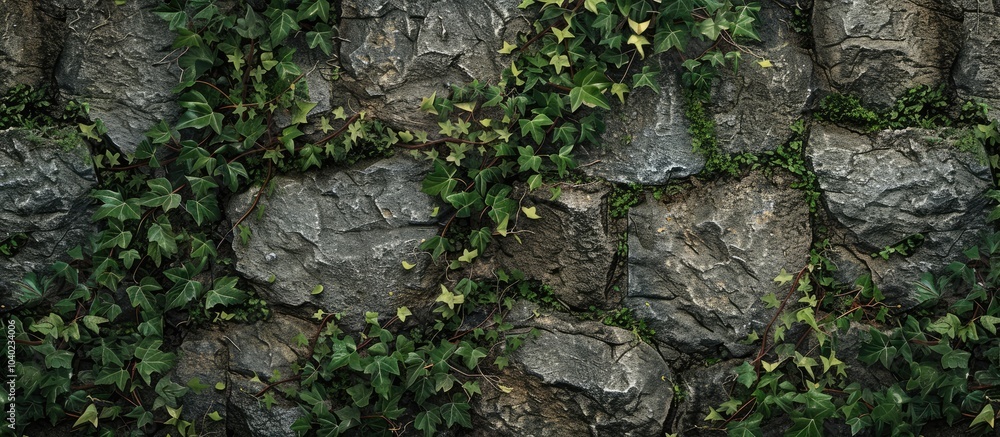 Poster stone walls adorned with ivy moss creating a natural backdrop with copy space image