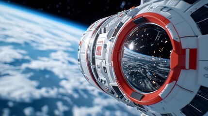 Futuristic spaceship docking with a massive space station, metallic and sleek design, stock photo style
