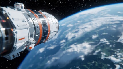 Futuristic spaceship docking with a massive space station, metallic and sleek design, stock photo style