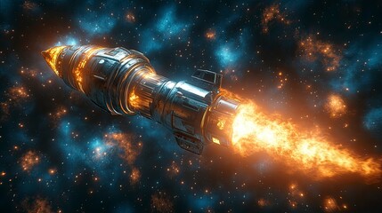 Spacecraft blasting through the cosmos with fiery propulsion in deep space