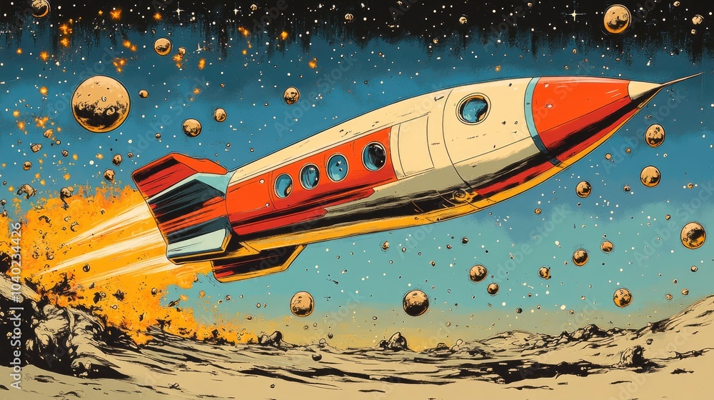 Poster retro rocket flying through a colorful outer space scene with planets