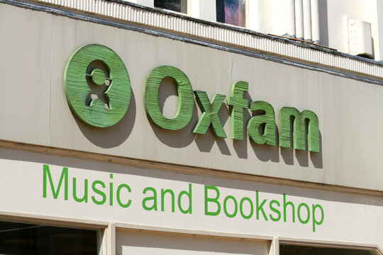 Oxfam, music and bookshop, sign, Chelmsford, Essex, UK